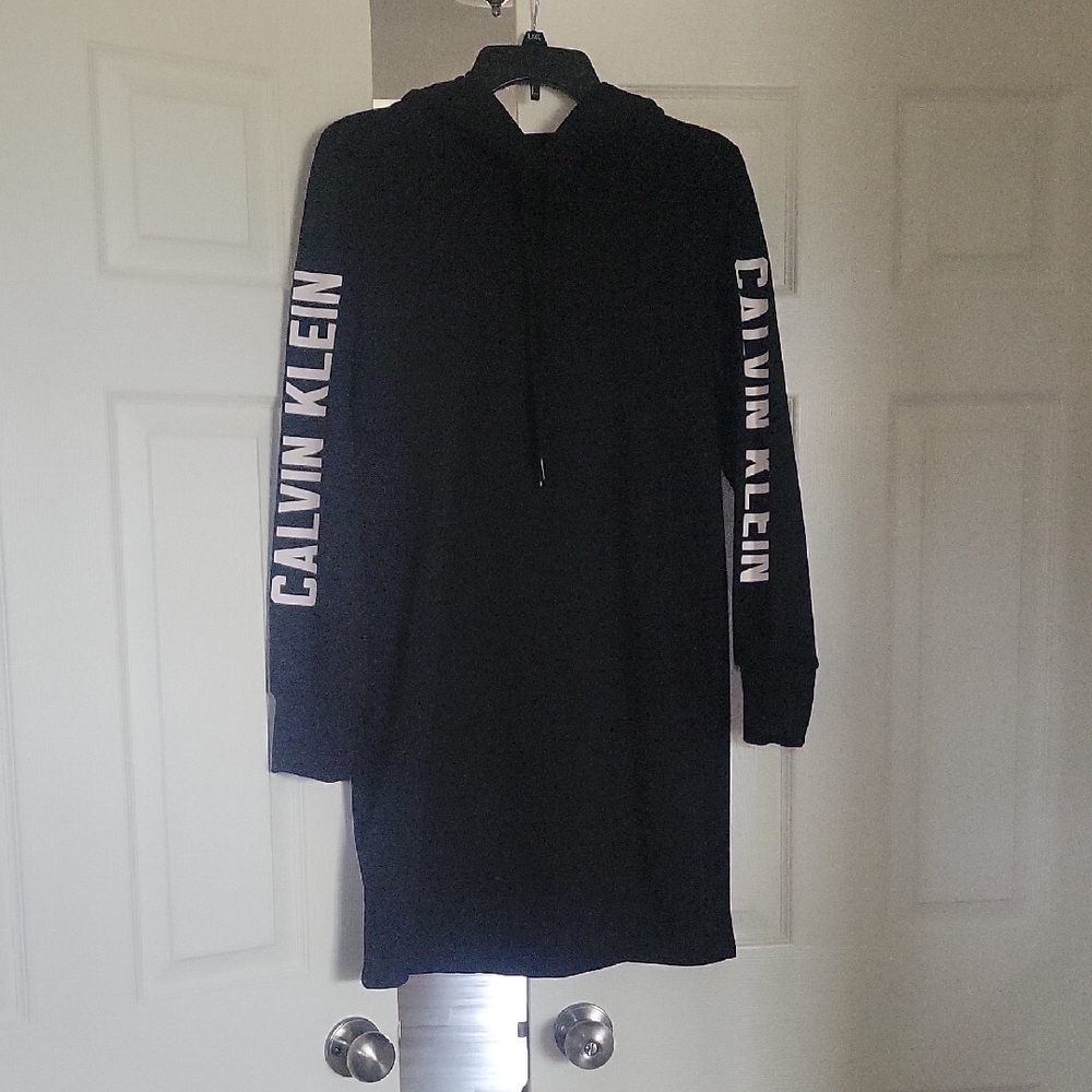 Calvin Klein Black Hooded Sweater Dress with Logo Sleeves